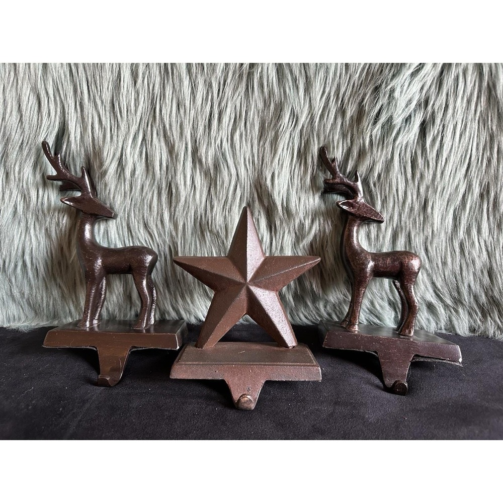 Set of 3 Christmas Mantel stocking holders‎ rustic reindeer Heavy VTG Cast Iron